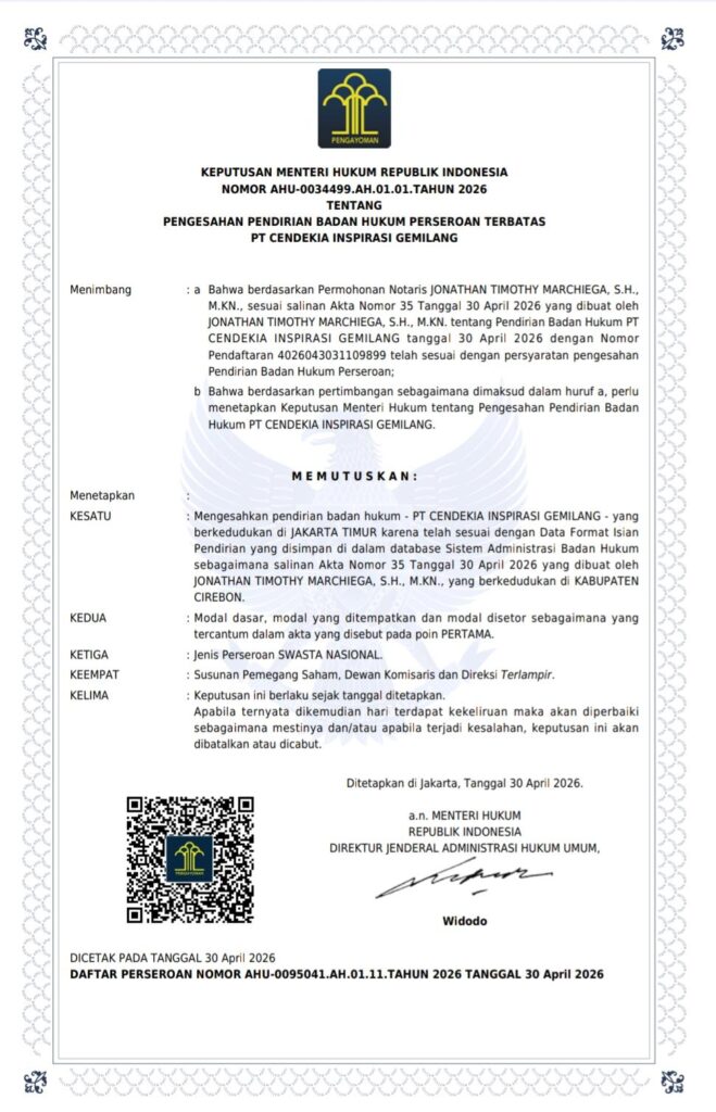 Dokumen pengesahan pendirian badan hukum PT Cendekia Inspirasi Gemilang